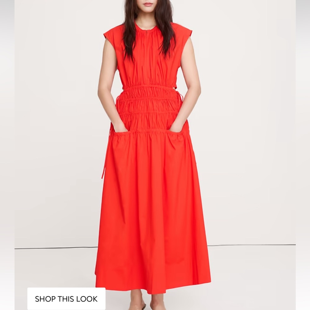 Banana Republic Bright Red Smocked Cotton Poplin Maxi Dress